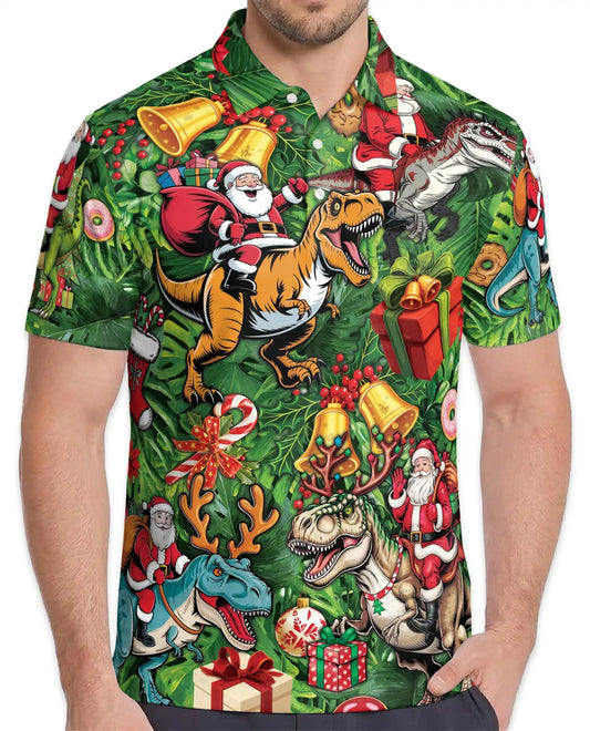 Christmas Dinosaur 3D Polo Shirt for Men – Funny Santa T Rex Holiday Style | Netecom