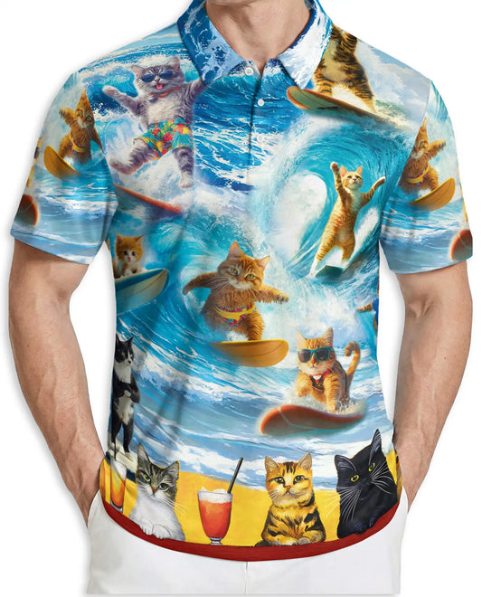 Surfing Cat 3D Polo Shirt for Men – Funny Beach Summer Style | Netecom