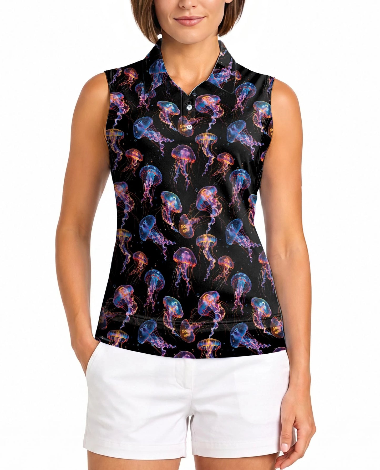Neon Jellyfish Sleeveless Polo Shirt for Women | Netecom