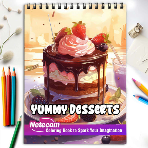 Yummy Desserts Spiral Bound Coloring Book, Indulge in Your Imagination with 30 Enchanting Coloring Pages, Exploring the World of Yummy Desserts