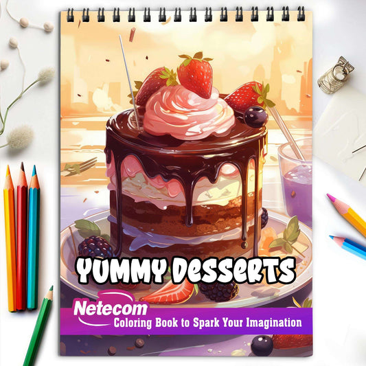 Yummy Desserts Spiral Bound Coloring Book, Indulge in Your Imagination with 30 Enchanting Coloring Pages, Exploring the World of Yummy Desserts