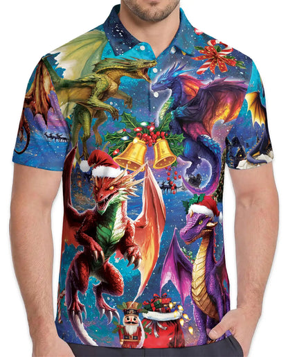Christmas Dragon 3D Polo Shirt for Men – Fantasy Holiday Winter Style | Netecom