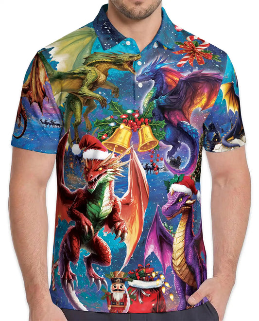 Christmas Dragon 3D Polo Shirt for Men – Fantasy Holiday Winter Style | Netecom