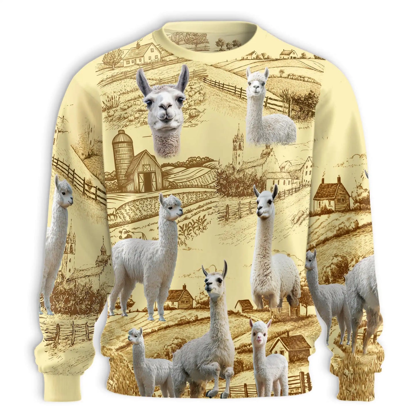 Vintage Countryside Farm Llama Sweatshirt, 3D All Over Print Rustic Farm Animal Crewneck Pullover for Men Women, Llama Lover Gift - Netecom