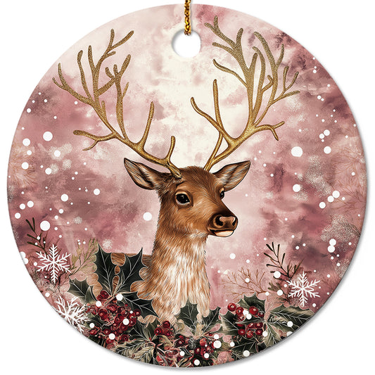 Netecom Reindeer Pink Ornament, Ceramic Deer and Flowers Keepsake Ornament for Xmas Tree Decorations, Reindeer Lover Gift, Gifts for Holiday, Party, Home Decor