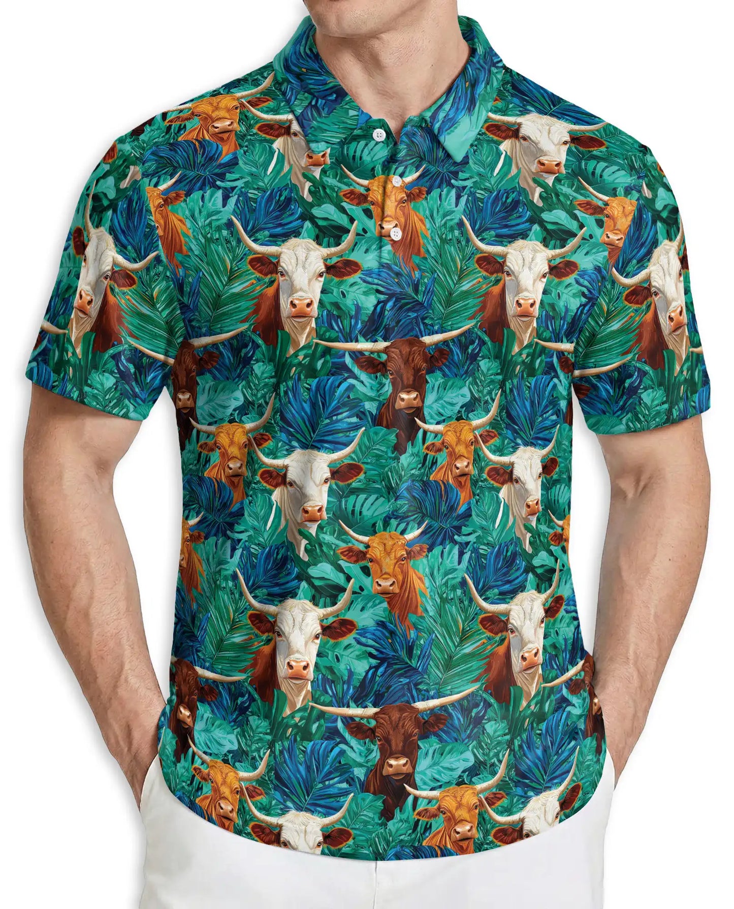 Longhorn Cattle Hawaiian 3D Polo Shirt for Men | Netecom