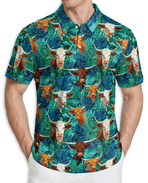 Longhorn Cattle Hawaiian 3D Polo Shirt for Men | Netecom