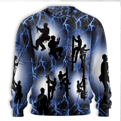 Electric Lineman Sweatshirt, 3D All Over Print Lightning Power Crewneck Pullover for Men Women, Lineman Gift - Netecom