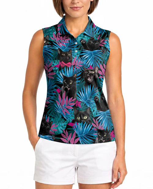 Black Cat Tropical Leaves Sleeveless Polo Shirt for Women| Netecom