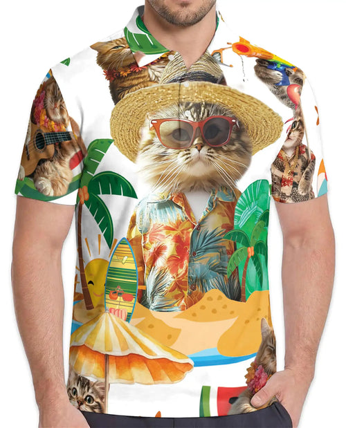 Funny Beach Cat Polo Shirt - Tropical Hawaiian Vacation Kitty Design | Netecom