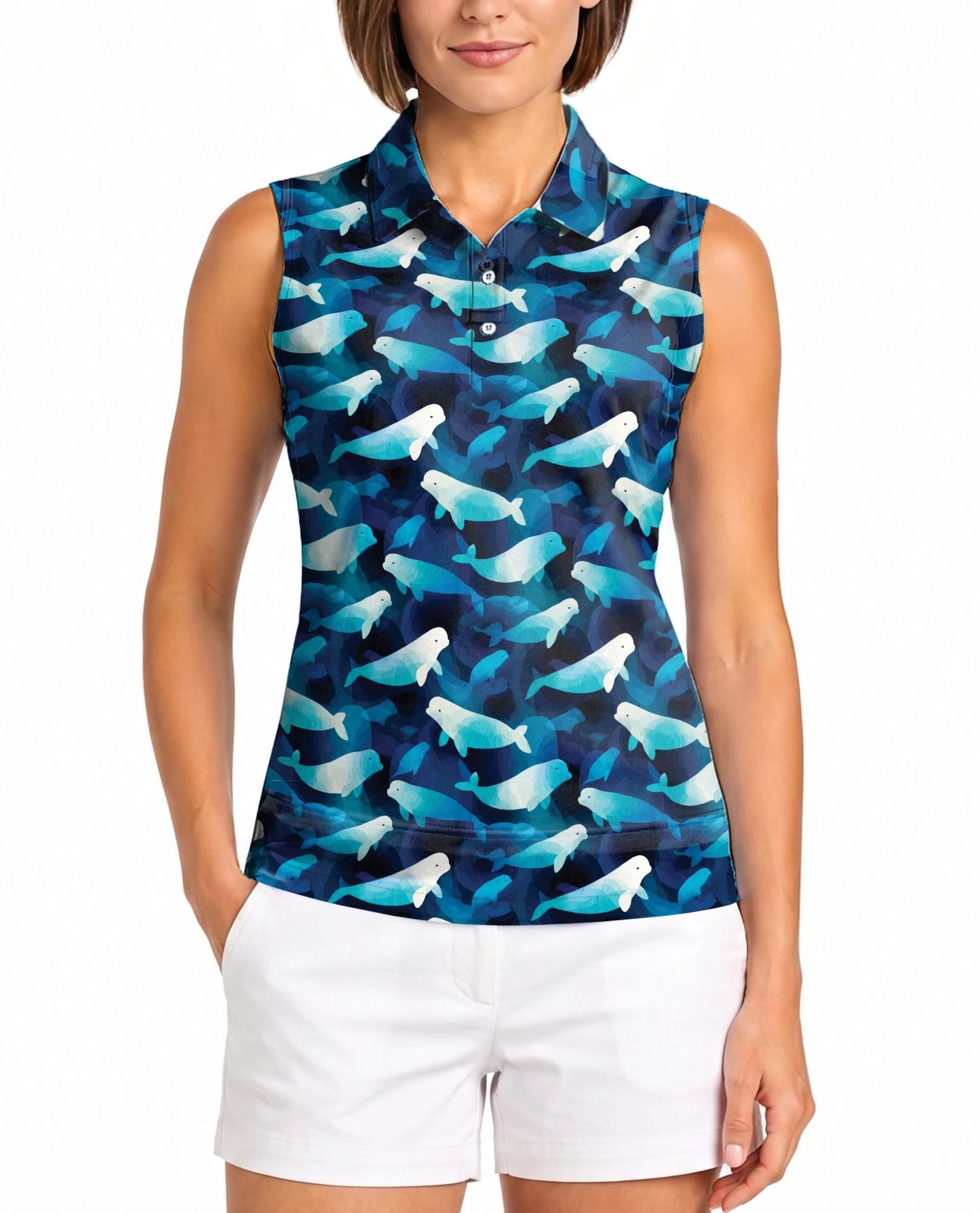 Beluga Whales Sleeveless Polo Shirt for Women – Ocean Animal Style | Netecom