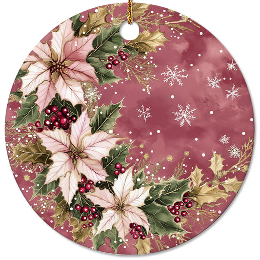 Netecom Vintage Pink Poinsettia Flower and Holly Berries Christmas Ornament, Ceramic Floral Keepsake Ornament for Xmas Tree Decorations, Gifts for Holiday, Party, Home Decor