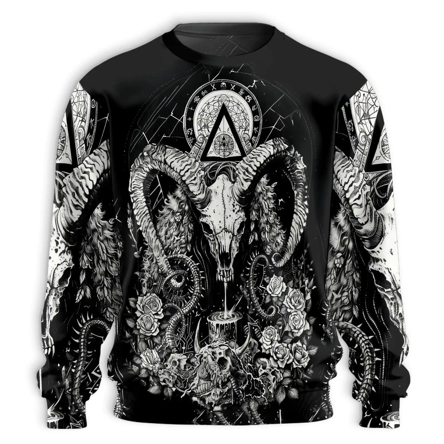 Occult Goat Skull Graphic Sweatshirt, 3D All Over Print Gothic Mystical Crewneck Pullover for Men Women, Dark Art Lover Gift - Netecom