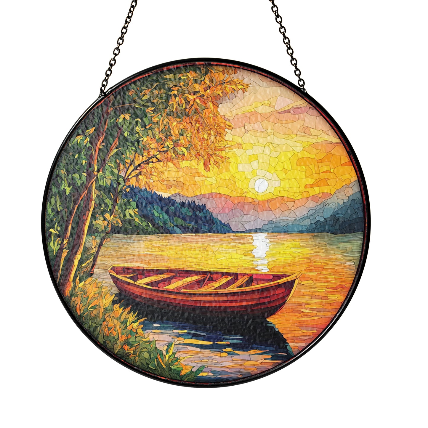 Netecom Beautiful Sunset on the River Stained Glass Sun Catcher – Scenic River Ornament, Perfect Gift for Outdoors Enthusiasts