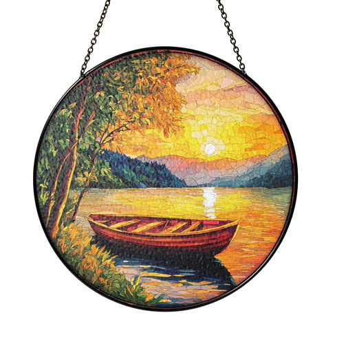 Netecom Beautiful Sunset on the River Stained Glass Sun Catcher – Scenic River Ornament, Perfect Gift for Outdoors Enthusiasts