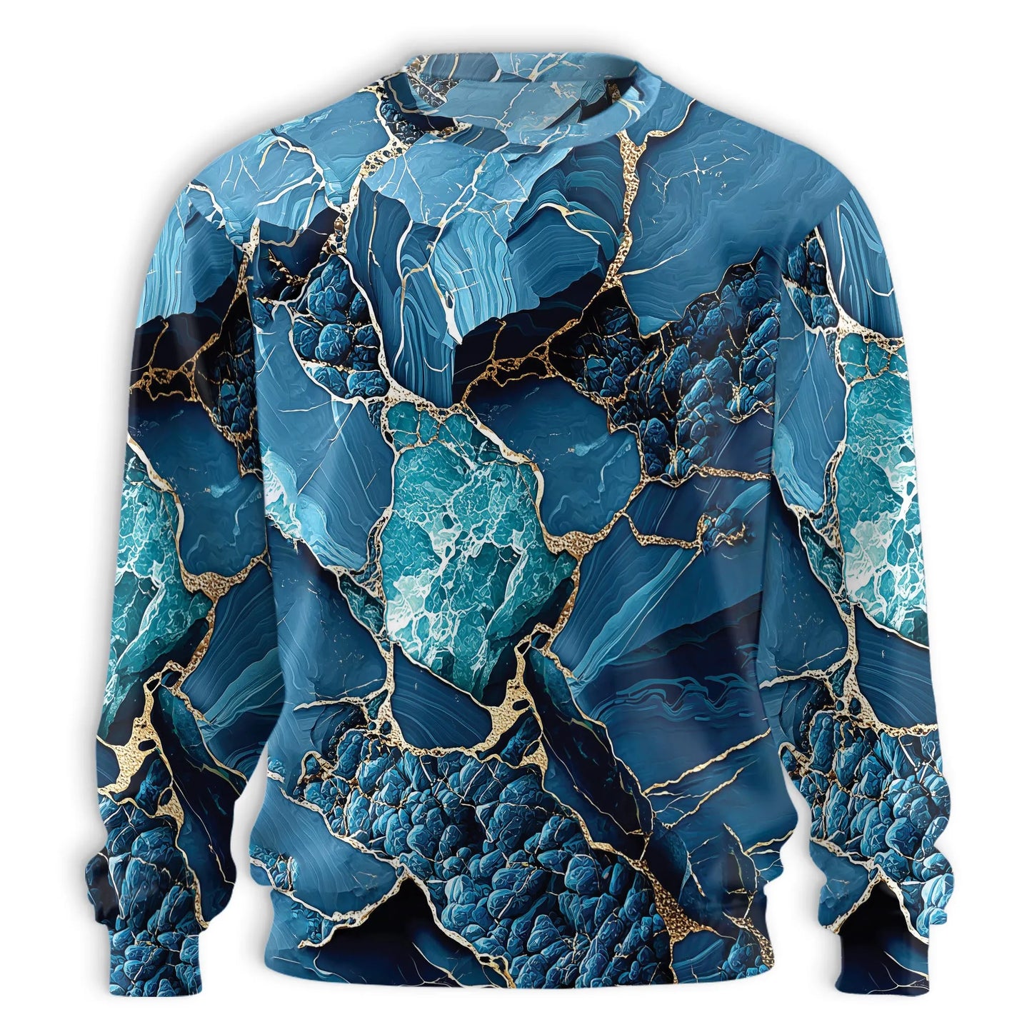 Blue Gold Liquid Marble Sweatshirt, 3D All Over Print Abstract Luxury Pattern Crewneck Pullover for Men Women, Marble Art Lover Gift - Netecom