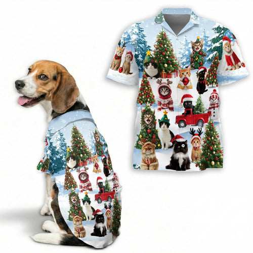 Cat Christmas Santa Print Hawaii Dog and Owner Matching Button Shirts