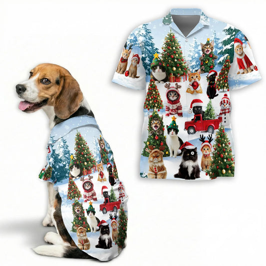 Cat Christmas Santa Print Hawaii Dog and Owner Matching Button Shirts