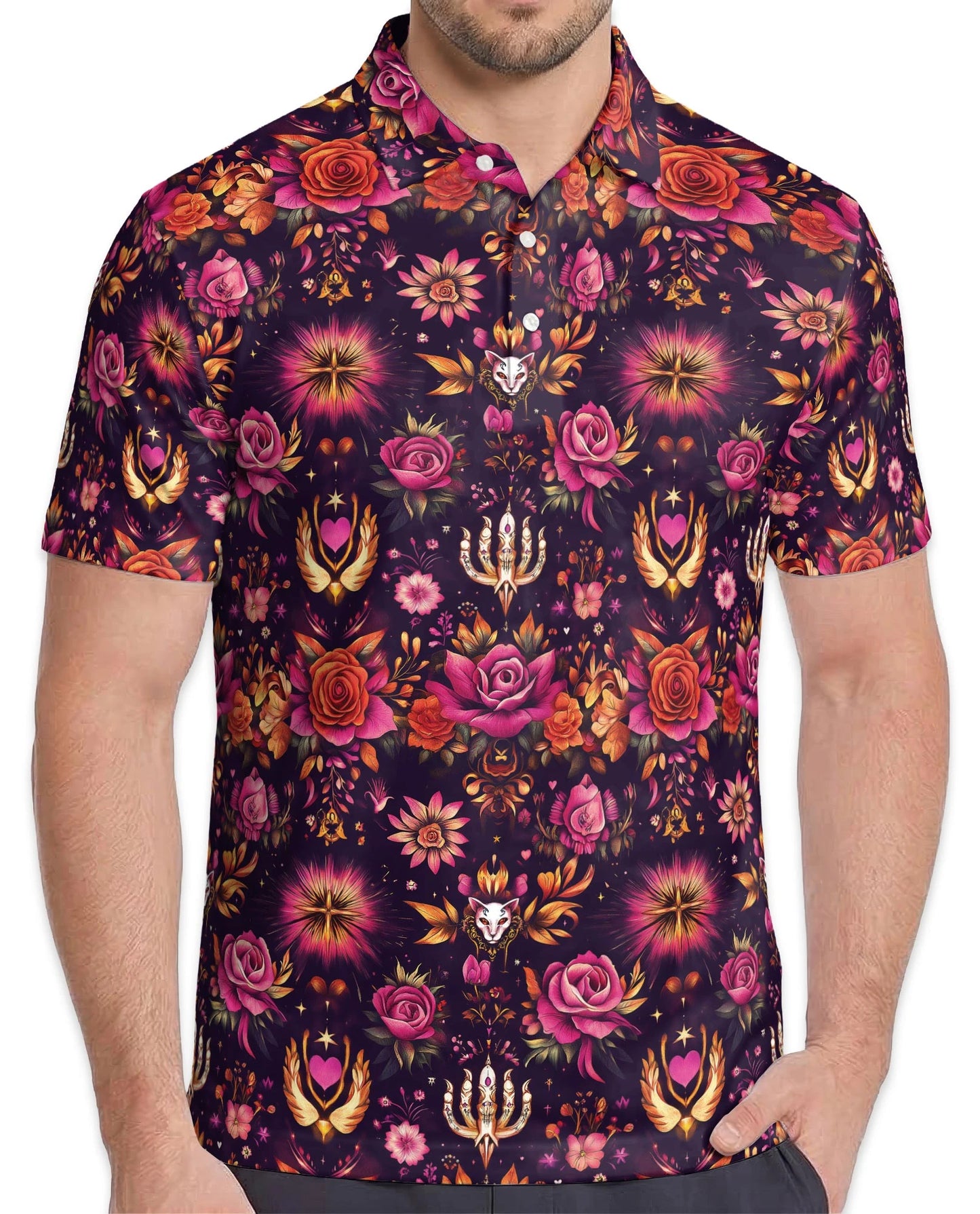 Kaleidoscope Rose Polo Shirt for Men – Colorful Floral Art Style | Netecom
