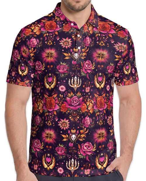 Kaleidoscope Rose Polo Shirt for Men – Colorful Floral Art Style | Netecom