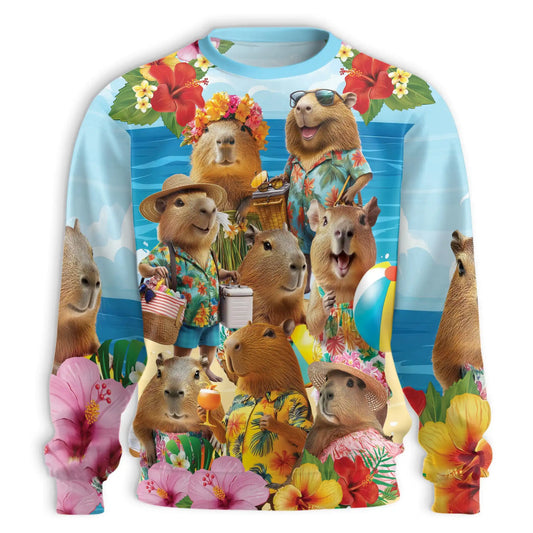Tropical Capybara Sweatshirt, 3D All Over Print Beach Animal Crewneck Pullover for Men Women, Capybara Lover Gift - Netecom
