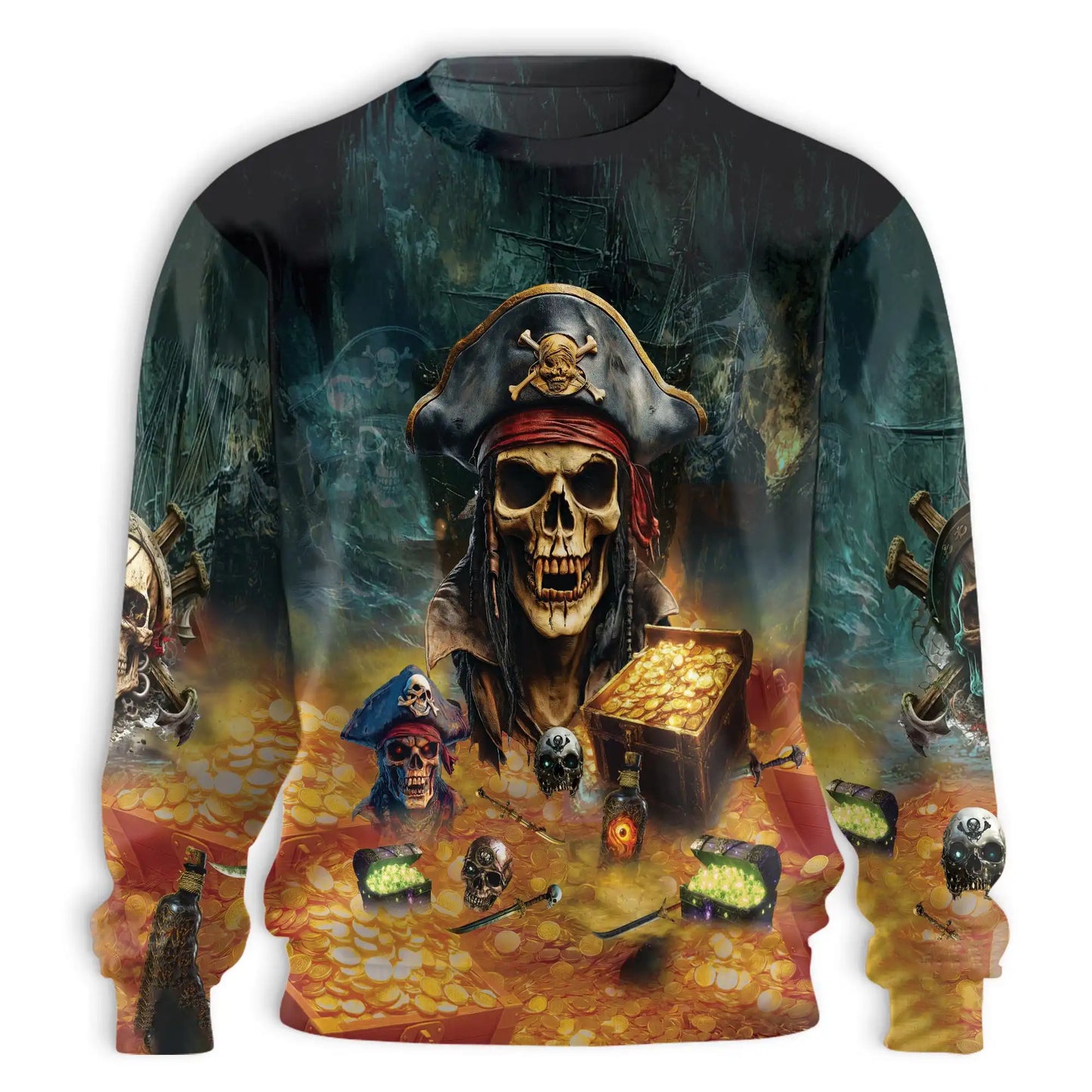 Pirate Skull with Treasure Sweatshirt, 3D All Over Print Pirate Adventure Crewneck Pullover for Men Women, Pirate Lover Gift - Netecom