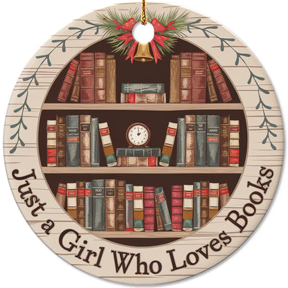 Netecom Just a Girl Who Loves Books Ornament, Bookshelf Circle Ceramic Ornament for Christmas Tree Hanging Decorations Gift, Book Lover Gifts for Women Librarian Teacher Bookworm Literature