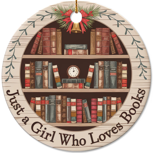 Netecom Just a Girl Who Loves Books Ornament, Bookshelf Circle Ceramic Ornament for Christmas Tree Hanging Decorations Gift, Book Lover Gifts for Women Librarian Teacher Bookworm Literature