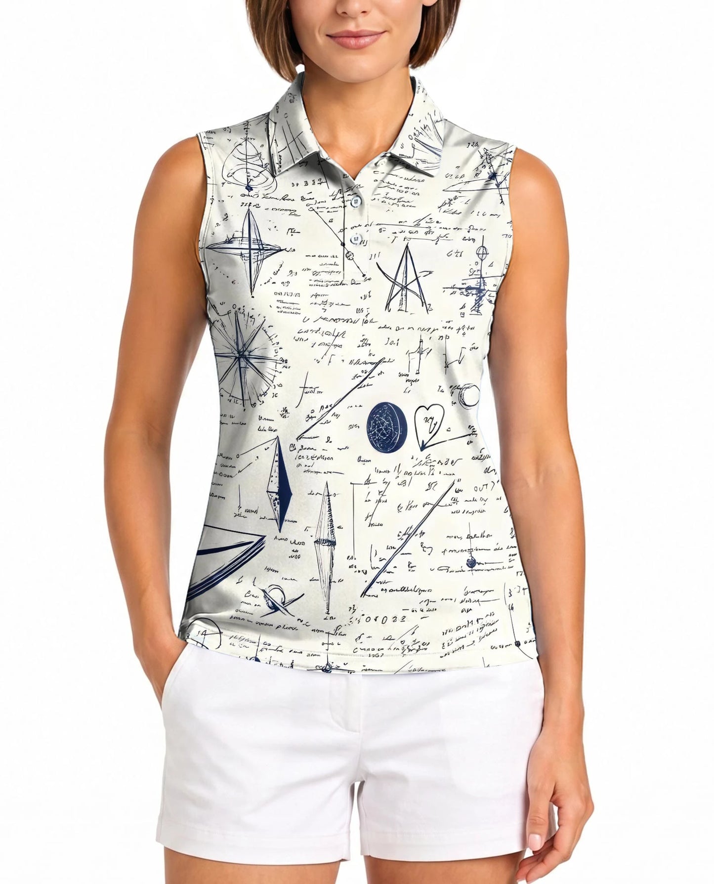 Vintage Manuscript Print Sleeveless Polo Shirt for Women | Netecom