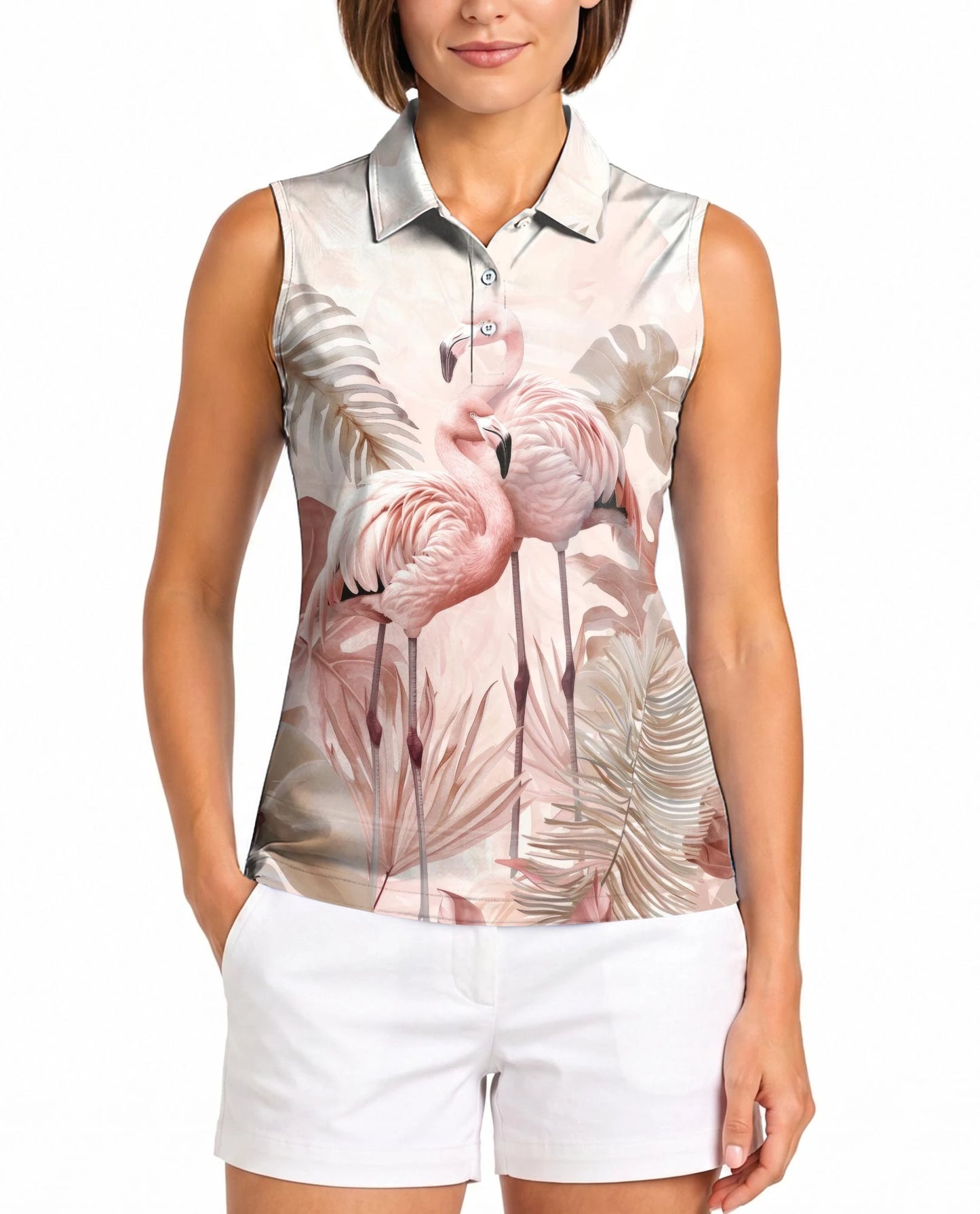 Art Flamingo Sleeveless Polo Shirt for Women – Colorful Tropical Style | Netecom
