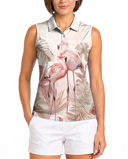 Art Flamingo Sleeveless Polo Shirt for Women – Colorful Tropical Style | Netecom