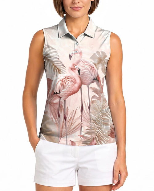 Art Flamingo Sleeveless Polo Shirt for Women – Colorful Tropical Style | Netecom