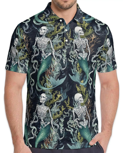 Skeleton Mermaid Polo Shirt - Gothic Ocean Fantasy Style | Netecom