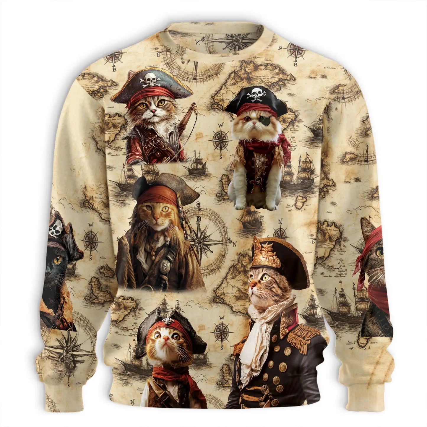 Cat Pirate All Over Print Sweatshirt, 3D All Over Print Nautical Adventure Crewneck Pullover for Men Women, Pirate Cat Lover Gift - Netecom