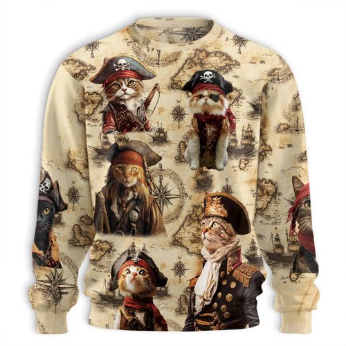 Cat Pirate All Over Print Sweatshirt, 3D All Over Print Nautical Adventure Crewneck Pullover for Men Women, Pirate Cat Lover Gift - Netecom