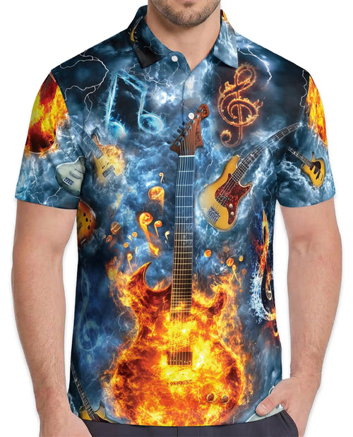 Flaming Electric Guitar Polo Shirt for Men - Rock Music Fire Guitar | Netecom