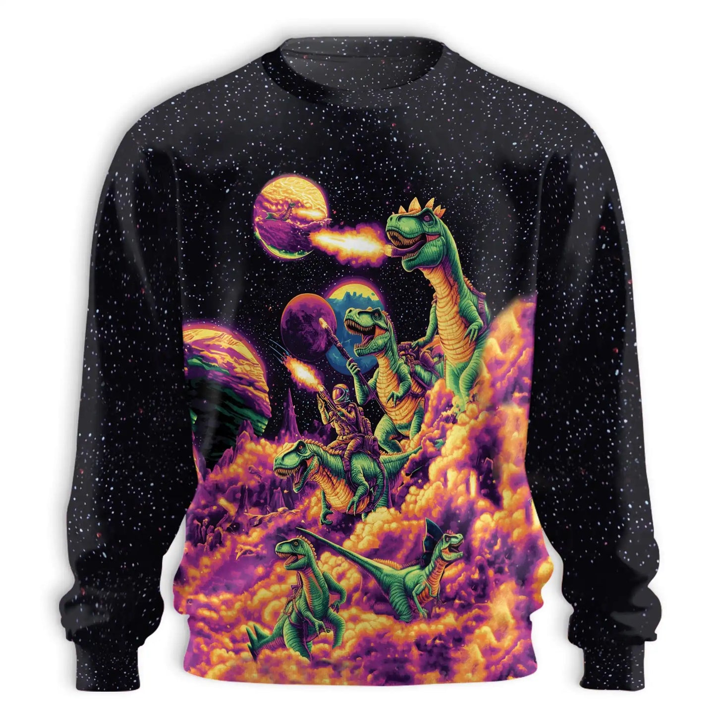 Galaxy Dinosaurs Sweatshirt, 3D All Over Print Space Dinosaur Crewneck Pullover for Men Women, Dinosaur Lover Gift - Netecom