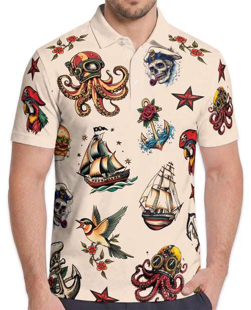 Pirate Tattoo Polo Shirt - Nautical Skull Octopus Sailor Design | Netecom