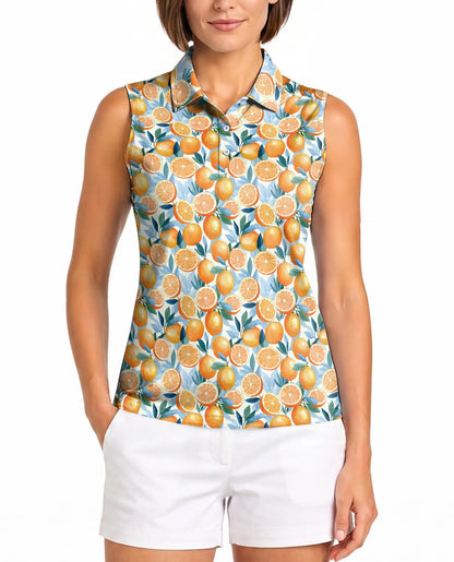 Orange Pattern Sleeveless Polo Shirt for Women | Netecom