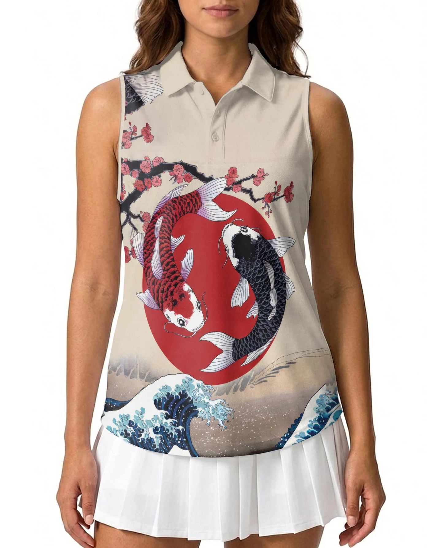 Yin Yang Koi Fish Sleeveless Polo Shirt for Women | Netecom