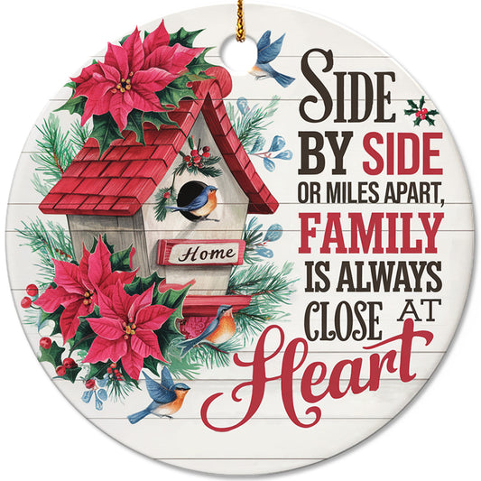 Netecom Vintage Birdhouse Ornament with Poinsettia Flowers, Side by Side Family Always Close at Heart Ceramic Ornament for Christmas Tree Hanging Decorations Gift, Holiday Party Present
