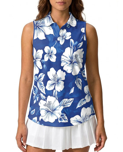Tropical Hibiscus Blue Sleeveless Polo Shirt for Women | Netecom