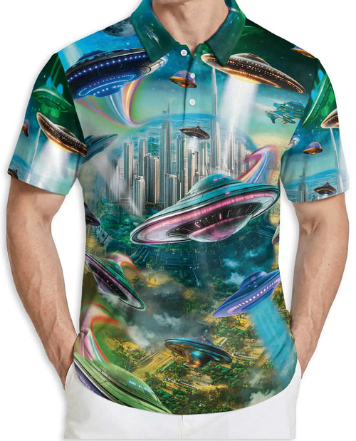 UFO Polo Shirt – Futuristic Sci-Fi City Print | Netecom