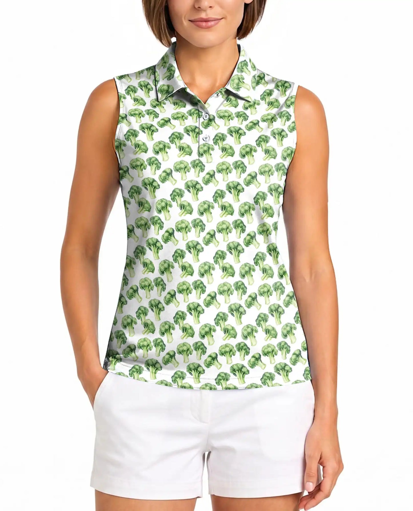 Vegetable Print Sleeveless Polo Shirt for Women – Fresh Food Lover Style | Netecom
