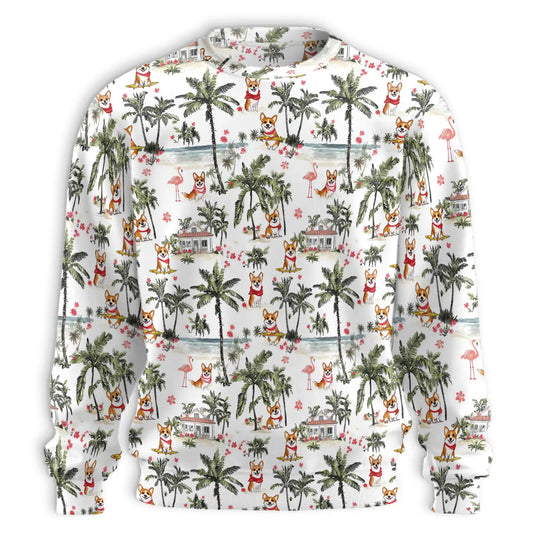 Cute Corgi Palm Trees Tropical Pattern Sweatshirt, 3D All Over Print Beach Dog Crewneck Pullover for Men Women, Corgi Lover Gift - Netecom