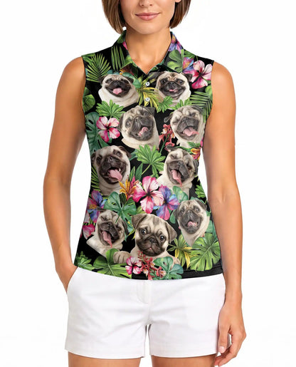 Tropical Pug Sleeveless Polo Shirt for Women – Cute Dog Summer Style | Netecom