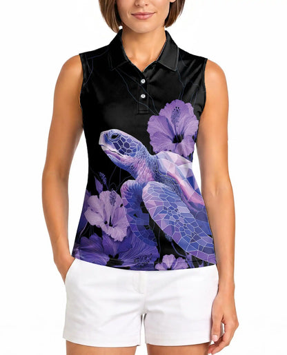 Purple Geometric Sea Turtle Sleeveless Polo Shirt for Women | Netecom