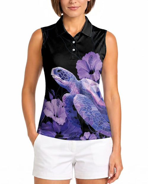 Purple Geometric Sea Turtle Sleeveless Polo Shirt for Women | Netecom