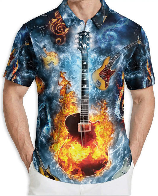 Flaming Guitar 3D Polo Shirt for Men – Rock Music Fire Storm Style | Netecom