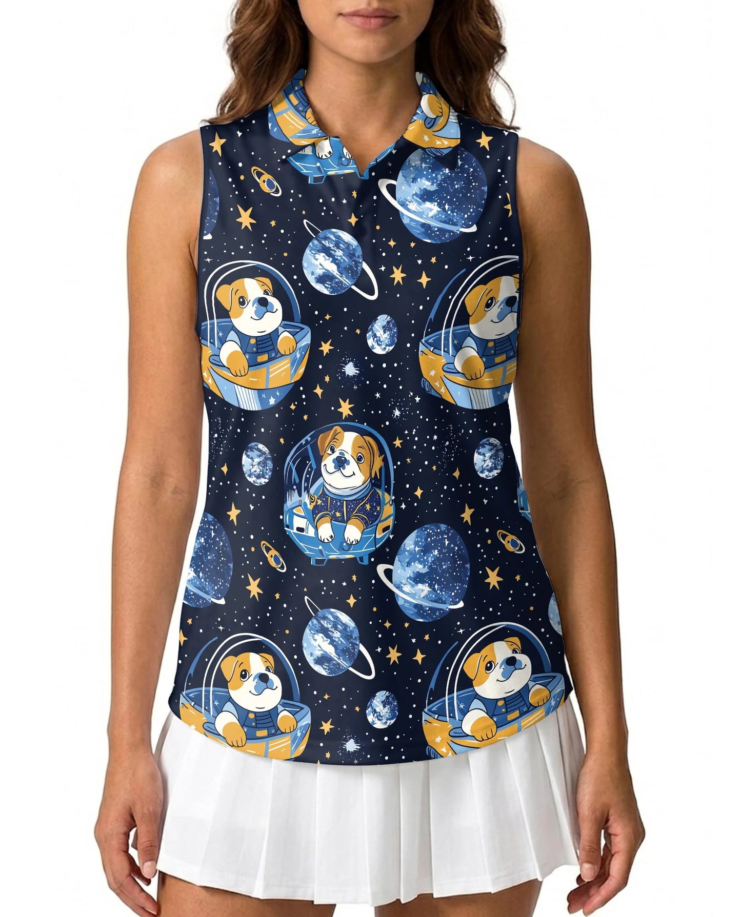 Space English Bulldog Astronaut Sleeveless Polo Shirt for Women | Netecom